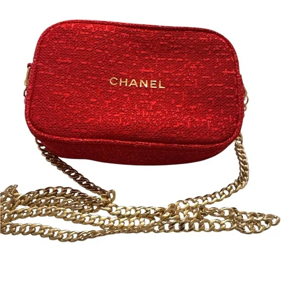 CHANEL Red Tweed Cosmetic Crossbody with Gold Chain - Picture 1 of 4
